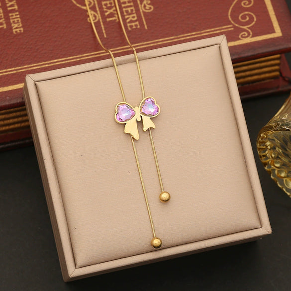 Long Tassel Bow Fashion Stainless Steel Necklace With Electroplating And Snake Bone Chain