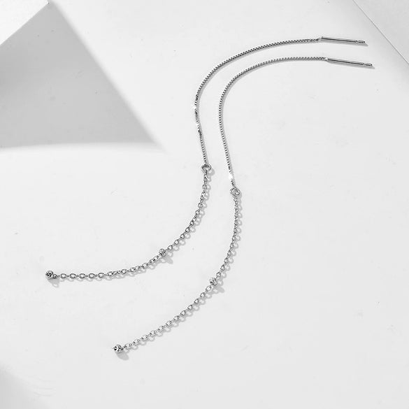 Long Tassel Round Bead Earrings In S925 Sterling Silver With Geometric Design For Women