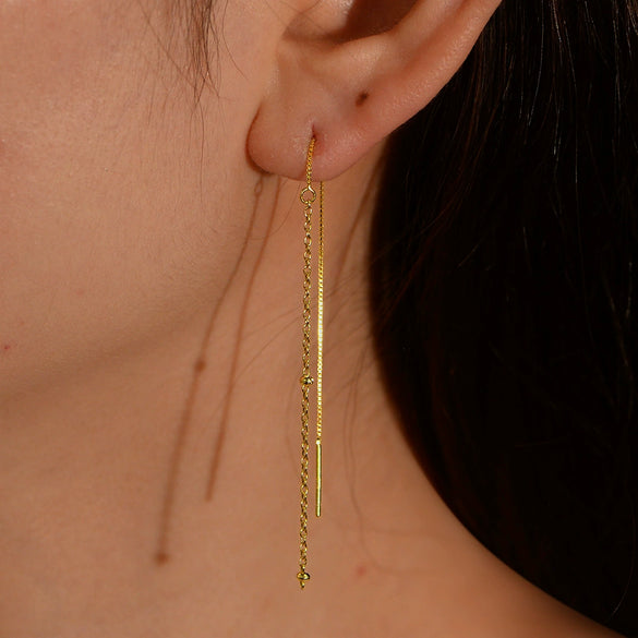Long Tassel Round Bead Earrings In S925 Sterling Silver With Geometric Design For Women