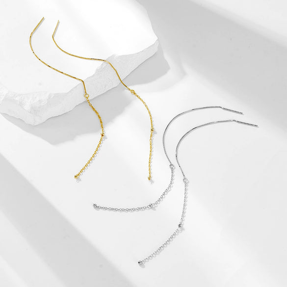 Long Tassel Round Bead Earrings In S925 Sterling Silver With Geometric Design For Women