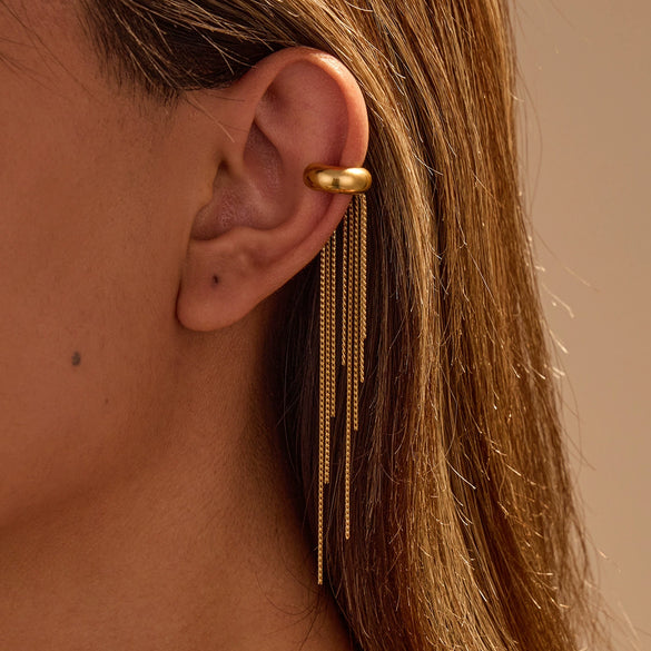 Long Tassel Stainless Steel 18K Gold Plated Ear Bone Clip Earrings Geometric Style For Women