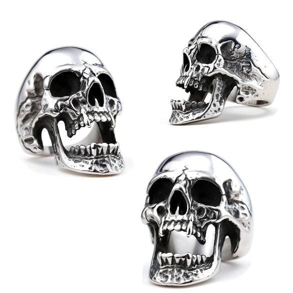 Long Teeth Zombie Skull Ring Gothic Style Boiled Black Polished Stainless Steel Jewelry For Men And Women