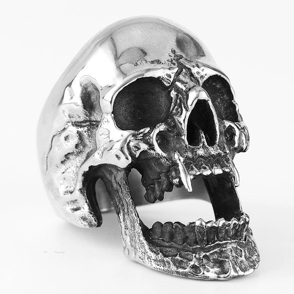 Long Teeth Zombie Skull Ring Gothic Style Boiled Black Polished Stainless Steel Jewelry For Men And Women