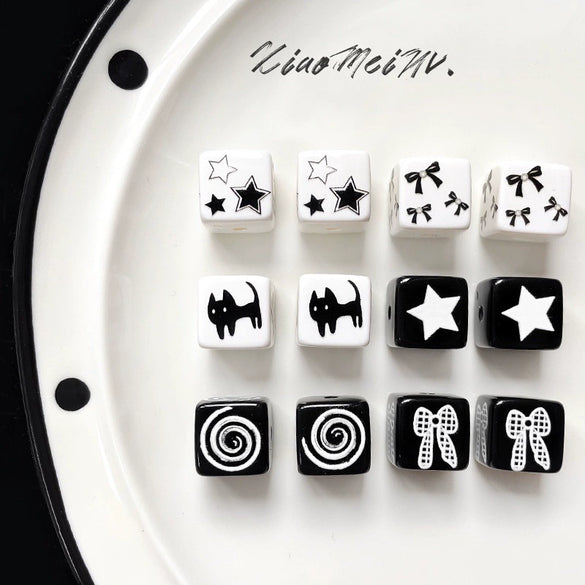 Loose Beads Acrylic Black And White Simple Cat Star Bow Square Line Geometric Diy Handmade Beading Material For Bracelet Necklace