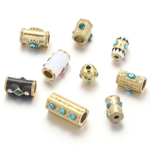 Loose Beads Stainless Steel Natural Stone Doublesided Enamel Oil Eye 18K Gold Vacuum Plated Eight Eyes Drum Beads
