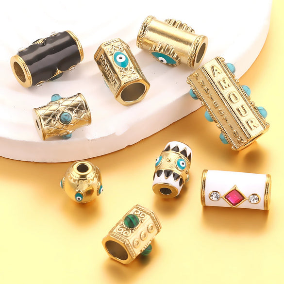 Loose Beads Stainless Steel Natural Stone Doublesided Enamel Oil Eye 18K Gold Vacuum Plated Eight Eyes Drum Beads