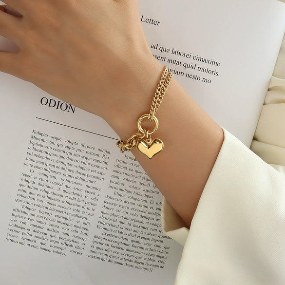 Love Almond Heart Shaped Thick Chain Girl Bracelet In Titanium Steel With Gold Inlaid Design
