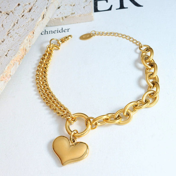 Love Almond Heart Shaped Thick Chain Girl Bracelet In Titanium Steel With Gold Inlaid Design
