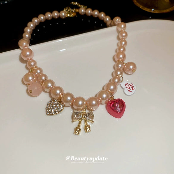 Love Bow Heart Shape Imitation Pearl Necklace Set With Diamonds For Women