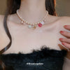 Love Bow Heart Shape Imitation Pearl Necklace Set With Diamonds For Women
