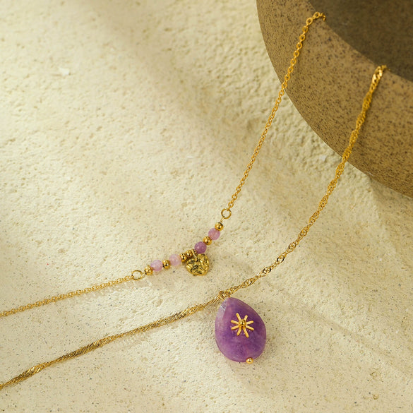 Love Clavicle Necklace Stainless Steel Purple Natural Stone Eightpointed Star Doublelayer Electroplated Fashion