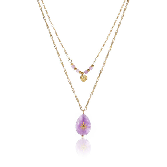 Love Clavicle Necklace Stainless Steel Purple Natural Stone Eightpointed Star Doublelayer Electroplated Fashion