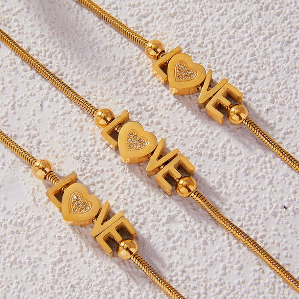 Love Diamond Letter Love Bracelet Stainless Steel 18K Gold Plated For Women