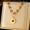 Love Disc Necklace Red Diamond Fruit Shaped Stainless Steel Electroplated Double Layer Stacked For Women Autumn And Winter