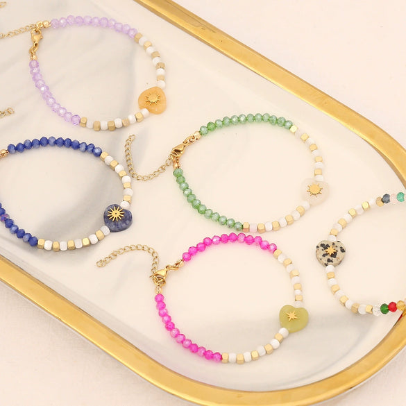 Love Heart Natural Stone Stainless Steel Crystal Bead Women's Bracelet