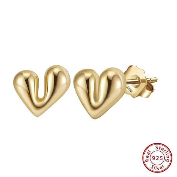 Love Heart Stud Earrings S925 Sterling Silver 14K Gold Plated Electroplated Jewelry For Women
