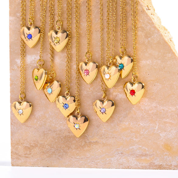 Love Opening And Closing Heartshaped Photo Album Necklace For Women Retro Style Copper And Titanium Steel Material Diamond Design