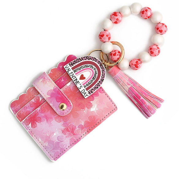 Love Pattern Pu Material Valentine's Day Wooden Bead Keychain And Bracelet