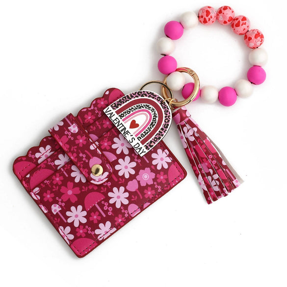 Love Pattern Pu Material Valentine's Day Wooden Bead Keychain And Bracelet