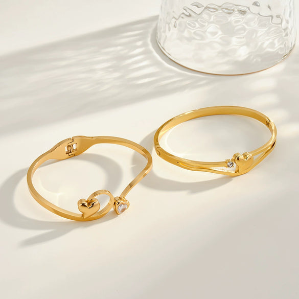 Love Pattern Stainless Steel Bracelet With Zircon Rhinestones And Gold Tone Vacuum Plated Finish