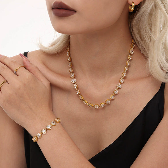 Love Sparkling Zircon Stitching Stainless Steel Jewelry Necklace Bracelet Set For Women With Electroplating Treatment