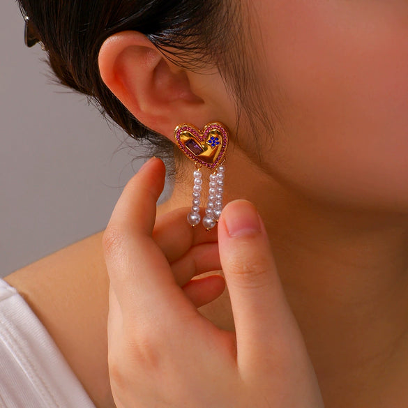 Love Tassel Pearl Long Earrings For Women Geometric Style Stainless Steel 18K Vacuum Plated In Furnace