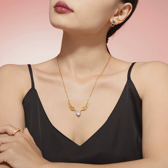 Love Zircon Angel Wings Titanium Steel Necklace For Women With Electroplating And Geometric Design