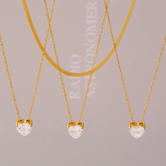 Love Zircon Pendant Stacked With Clavicle Chain For Women Titanium Steel Geometric Light Luxury 18K Gold Plated