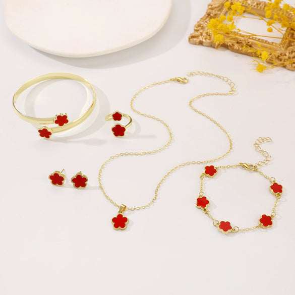 Lucky Flower Jewelry Set With Five Leaf Clover Alloy Bracelet Earrings Necklace Ring For Women Electroplated