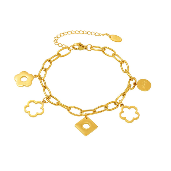 Lucky Flower Mirror Polished O Shaped Chain Bracelet With Pendant Stainless Steel Geometric Jewelry Electroplated For Women