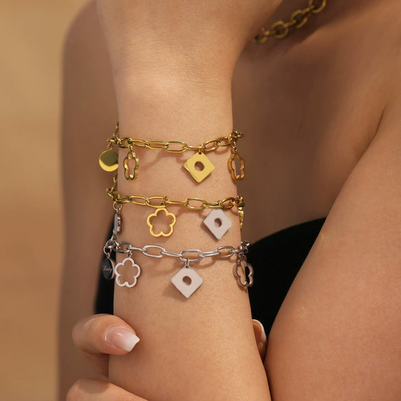 Lucky Flower Mirror Polished O Shaped Chain Bracelet With Pendant Stainless Steel Geometric Jewelry Electroplated For Women