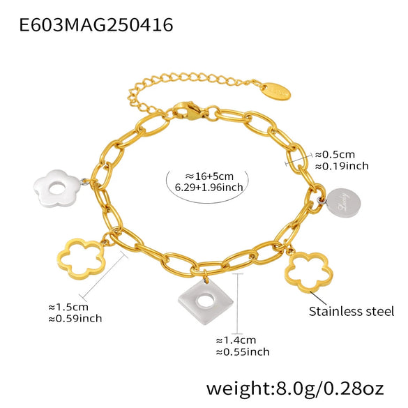 Lucky Flower Mirror Polished O Shaped Chain Bracelet With Pendant Stainless Steel Geometric Jewelry Electroplated For Women