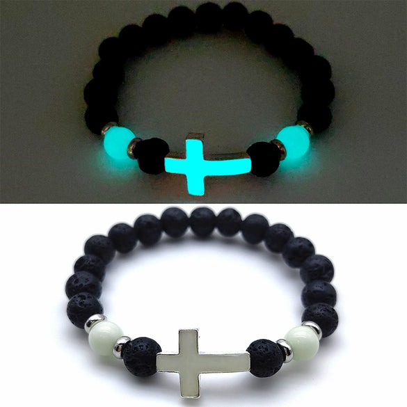 Luminous Cross Bracelet Handmade With Volcanic Stone For Unisex