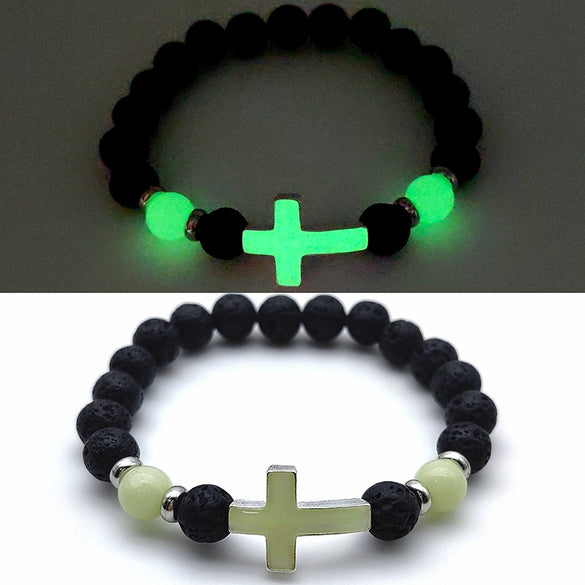 Luminous Cross Bracelet Handmade With Volcanic Stone For Unisex