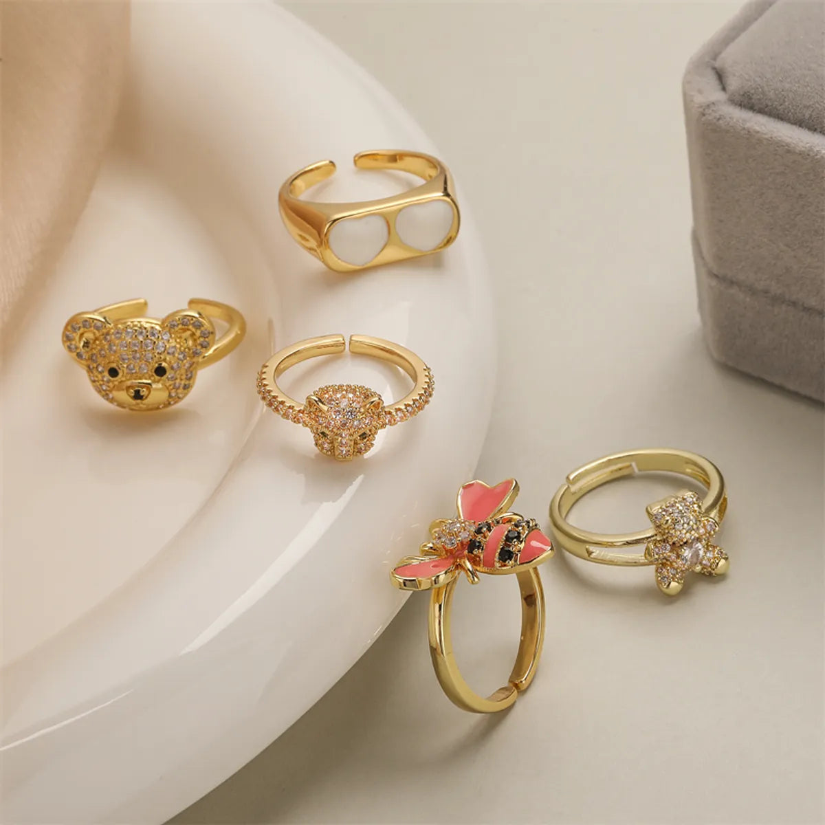 Luxurious Animal Bear Copper Plating Inlay Zircon Gold Plated Open Rings