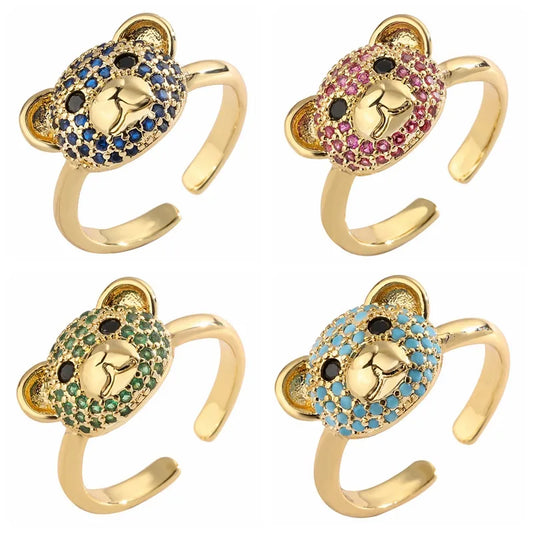 Luxurious Bear Copper Plating Inlay Zircon Gold Plated Open Rings