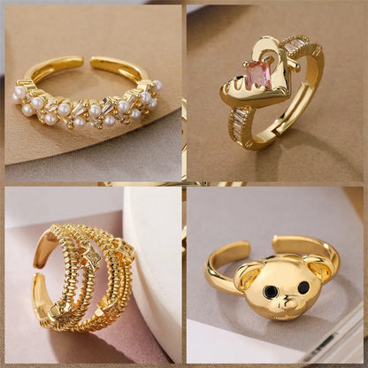 Luxurious Bear Heart Shape Copper Gold Plated Zircon Open Rings In Bulk