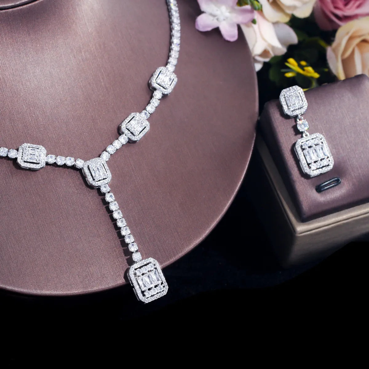 Luxurious Bridal Shiny Square Copper Plating Inlay Artificial Gemstones White Gold Plated Rhodium Plated Jewelry Set