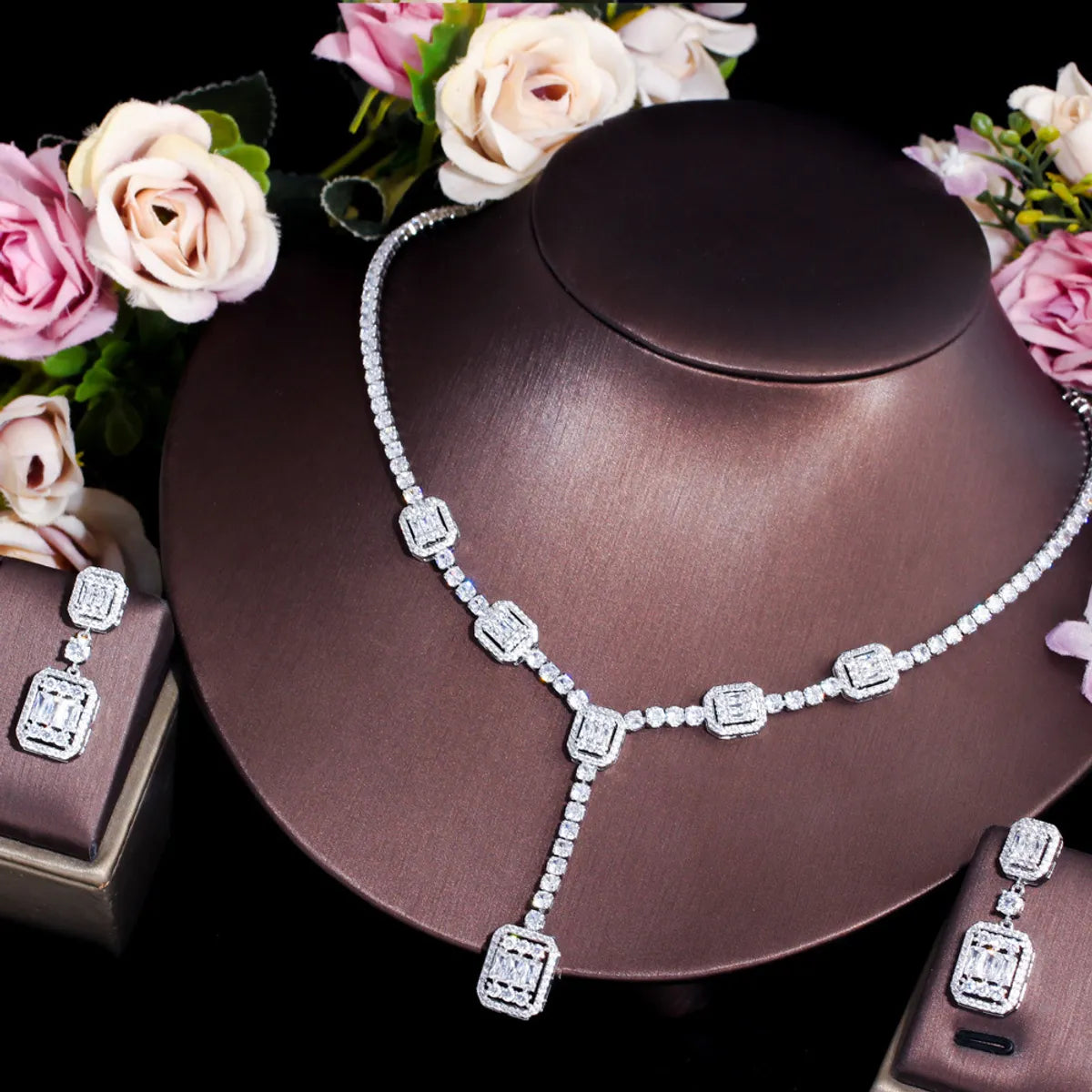 Luxurious Bridal Shiny Square Copper Plating Inlay Artificial Gemstones White Gold Plated Rhodium Plated Jewelry Set