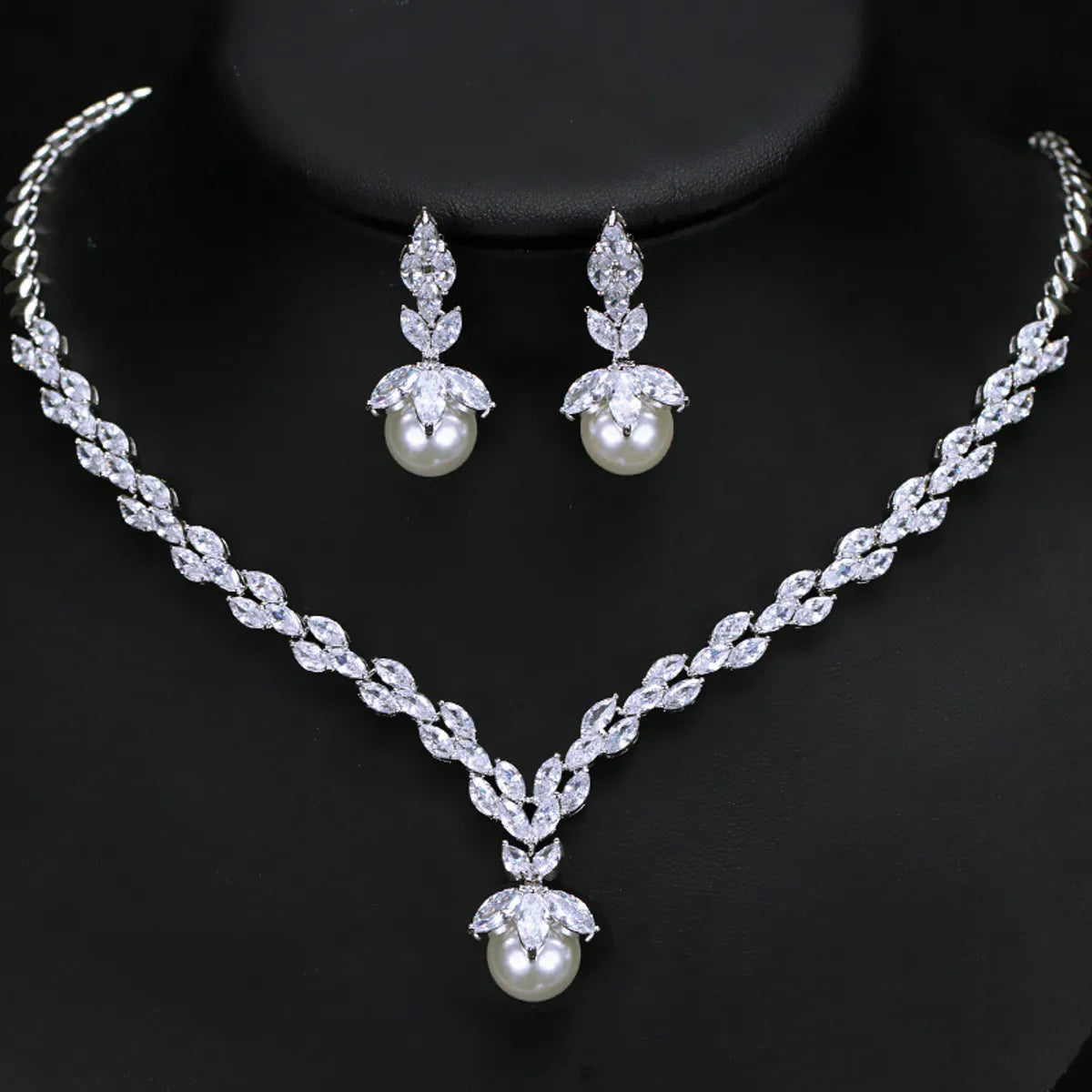 Luxurious Bridal Water Droplets Copper Plating Inlay Artificial Gemstones Artificial Pearls Shell White Gold Plated Rhodium Plated Jewelry Set