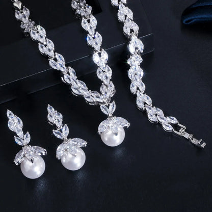 Luxurious Bridal Water Droplets Copper Plating Inlay Artificial Gemstones Artificial Pearls Shell White Gold Plated Rhodium Plated Jewelry Set