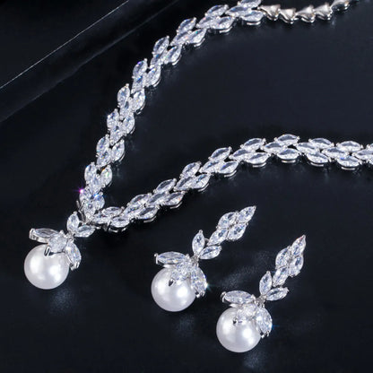 Luxurious Bridal Water Droplets Copper Plating Inlay Artificial Gemstones Artificial Pearls Shell White Gold Plated Rhodium Plated Jewelry Set