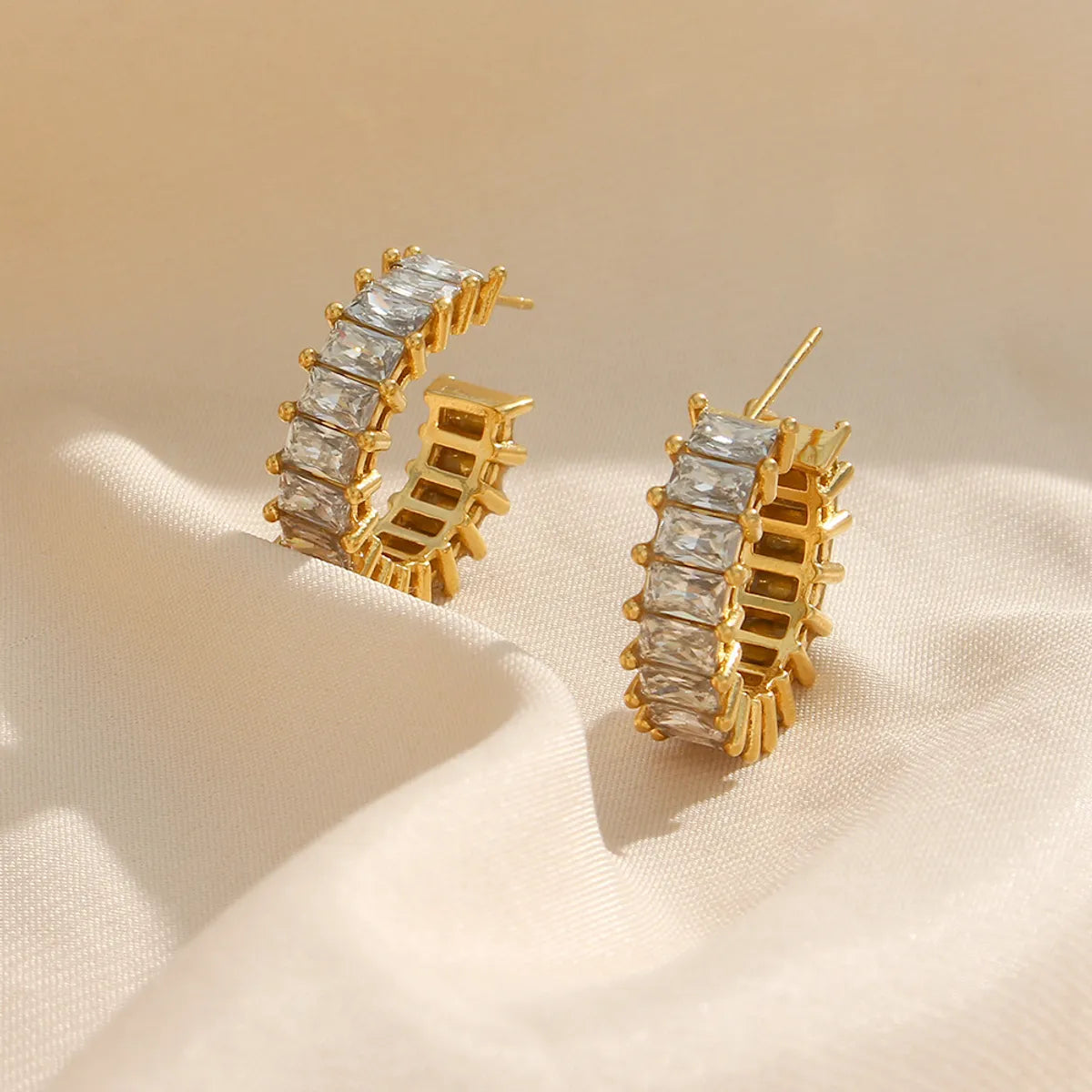 Luxurious C Shape Plating Stainless Steel Zircon Gold Plated Earrings