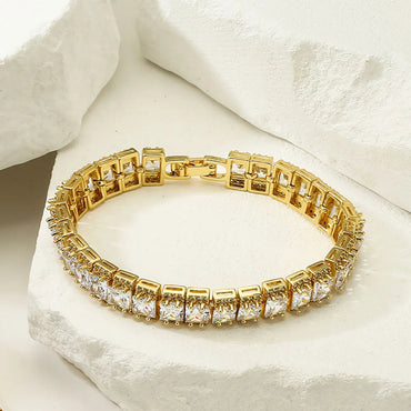 Luxurious Cool Style Shiny Color Block Square Copper Plating Inlay Zircon 18k Gold Plated Tennis Bracelet