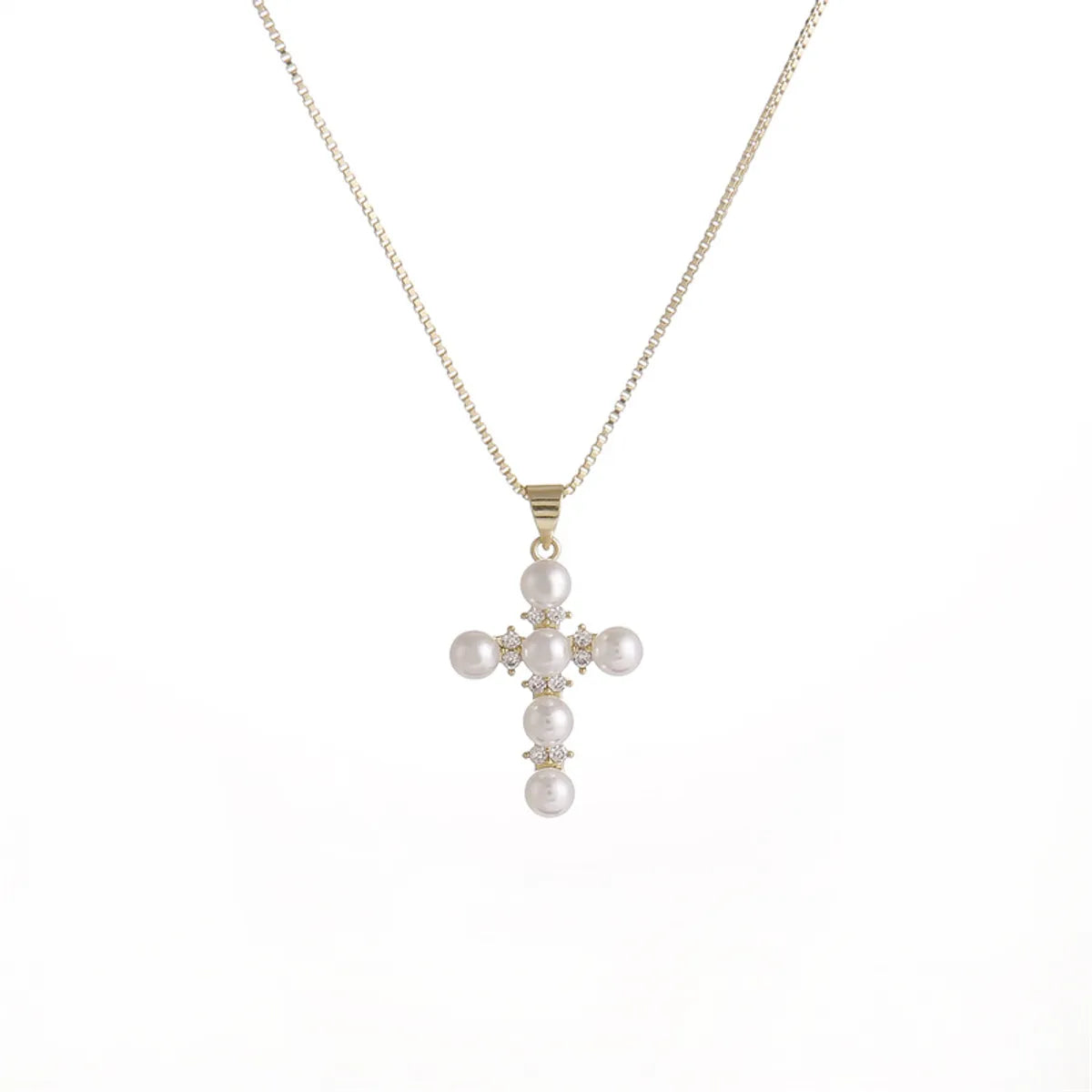 Luxurious Cross Copper Inlay Artificial Pearls Zircon Pendant Necklace 1 Piece