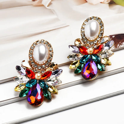 1 Pair Luxurious Geometric Inlay Alloy Artificial Pearls Rhinestones Glass Drop Earrings