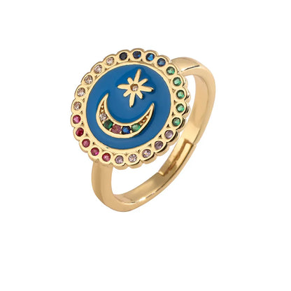 Luxurious Geometric Star Moon Copper Enamel Plating Inlay Zircon Gold Plated Open Rings