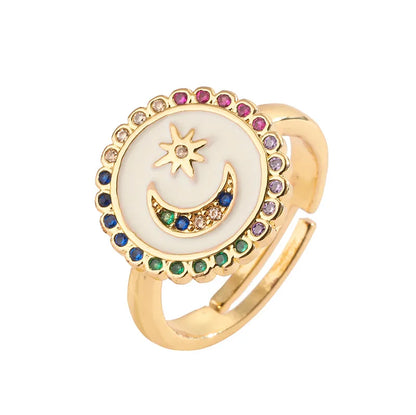 Luxurious Geometric Star Moon Copper Enamel Plating Inlay Zircon Gold Plated Open Rings