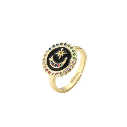 Luxurious Geometric Star Moon Copper Enamel Plating Inlay Zircon Gold Plated Open Rings