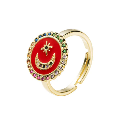 Luxurious Geometric Star Moon Copper Enamel Plating Inlay Zircon Gold Plated Open Rings